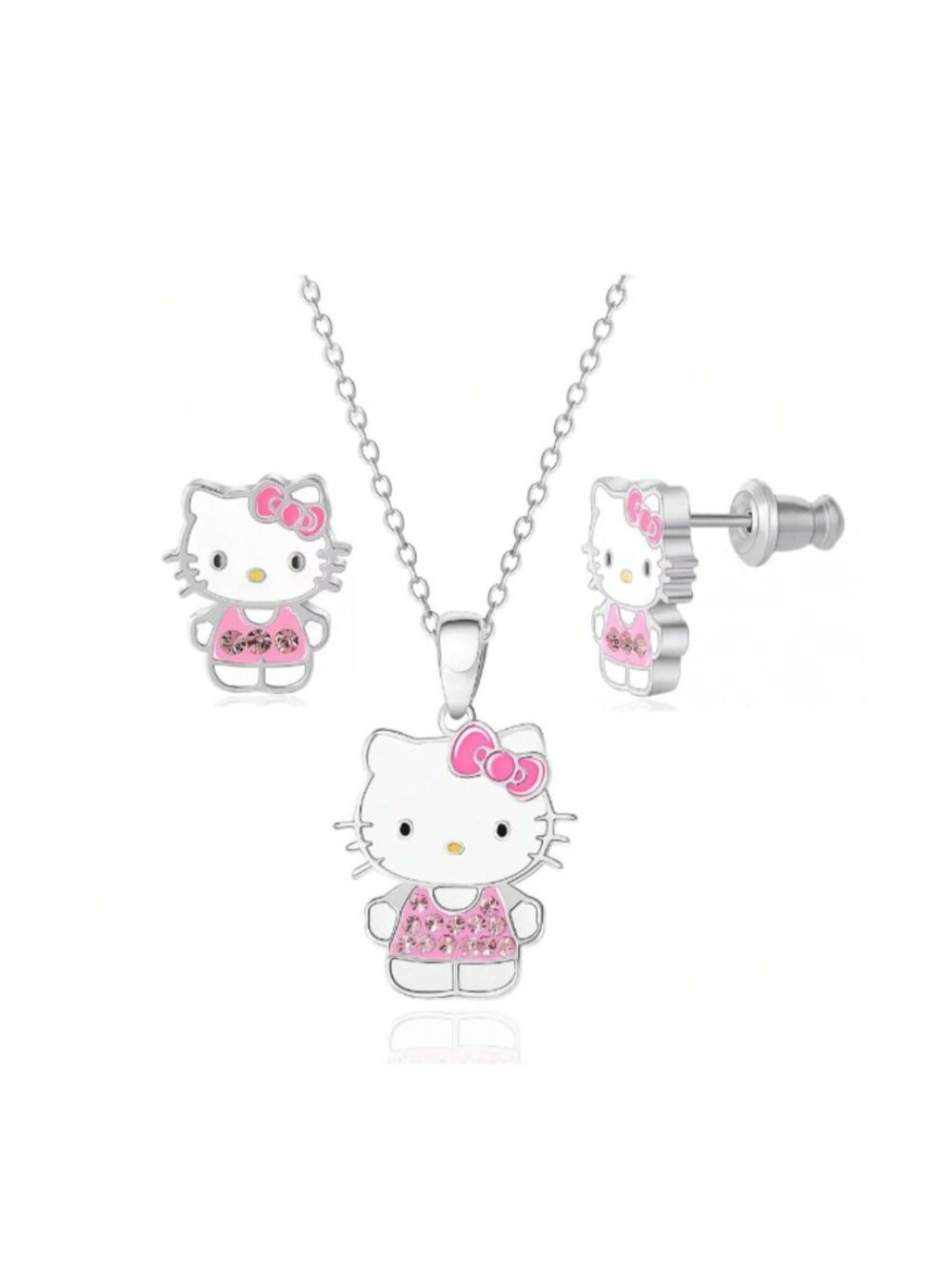 Hello Kitty 3‑Piece Silver Rhinestone Jewelry Set Pendant Necklace Stud Earrings
